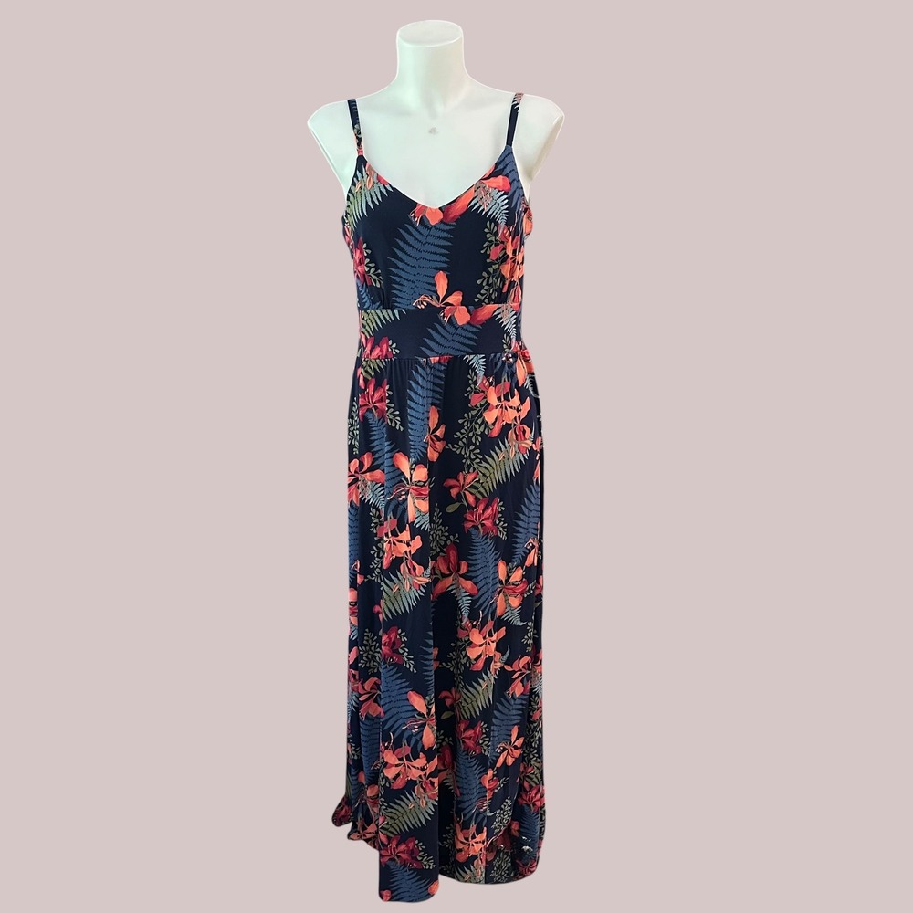 Tommy Bahama Navy Coral Tropical Fern Print Maxi Dress sz Medium Stretchy
